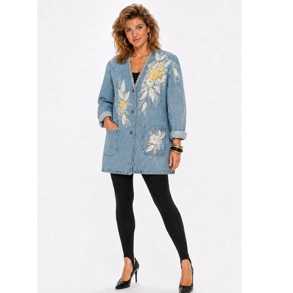 Vintage 80s 90s Viva Collections Embellished Denim Jacket Floral Appliqué MEDIUM